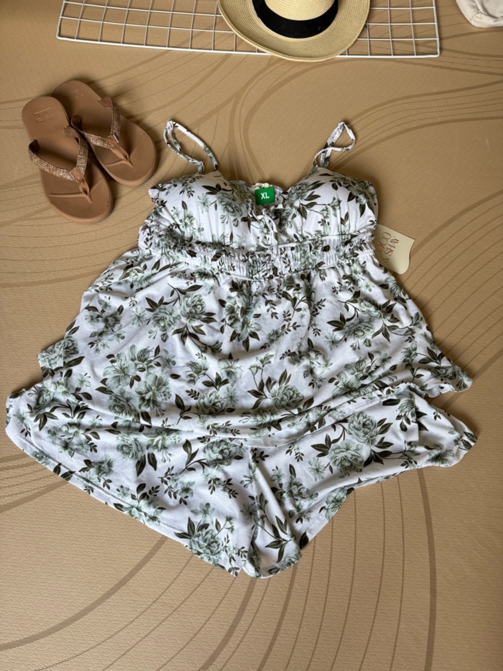 Floral Tie-Shoulder Romper in White and Sage